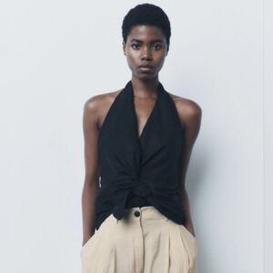 ZARA ZW COLLECTION LINEN BLEND WRAP HALTER TOP SIZE L